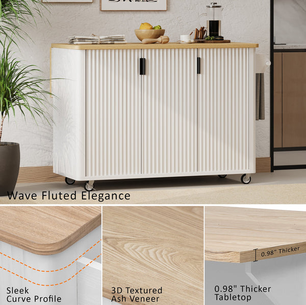 English Elm K&K 51" Fluted Kitchen Island with Waveform Panels, Drop Leaf, Rolling Cart with Towel Rack and Storage White N707P221446W