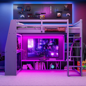 English Elm Wood Full Size Gaming Loft Bed Pine Frame with Led Lighting Desk and Storage Shelves N7090001042E-1