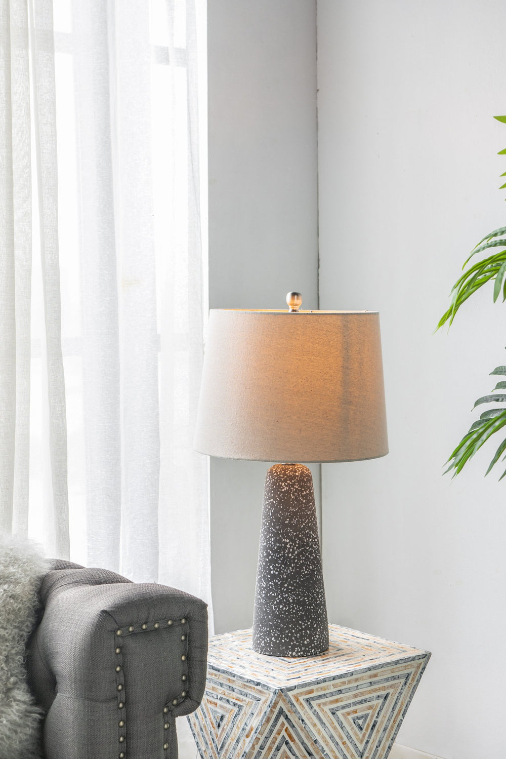 English Elm 14x14x26" Speckled Cone Table Lamp with Black Glass Base and Beige Drum Shade for Modern Décor W2078P324070