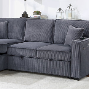 English Elm Convertible Corduroy Sectional Sofa with Reversible Chaise, Hidden Storage, USB Port & Pull-Out Bed Dark Gray 60 L x 30 W x 19 H B011S01243