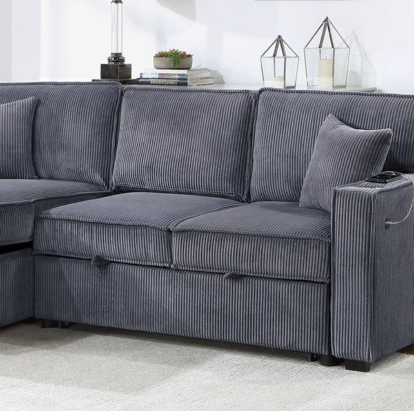 English Elm Convertible Corduroy Sectional Sofa with Reversible Chaise, Hidden Storage, USB Port & Pull-Out Bed Dark Gray 60 L x 30 W x 19 H B011S01243