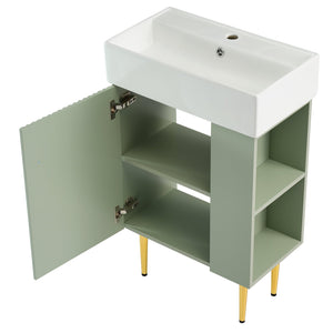 English Elm 21.6" Green Bathroom Vanity with Ceramic Sink, Right Side Storage, Gold Legs, Soft-Close Hinges, Modern Design SV000006AAF