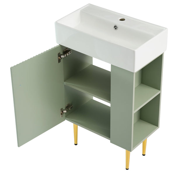English Elm 21.6" Green Bathroom Vanity with Ceramic Sink, Right Side Storage, Gold Legs, Soft-Close Hinges, Modern Design SV000006AAF