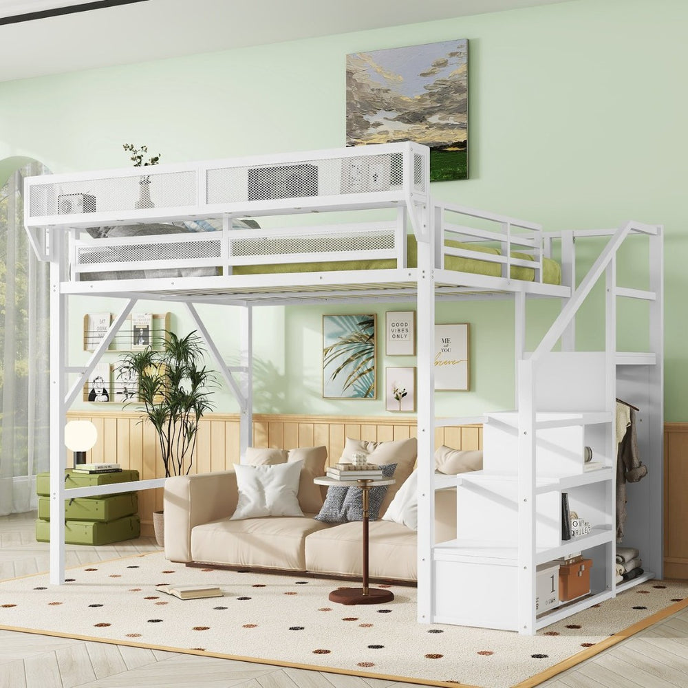 English Elm Queen Metal Loft Bed with Wardrobe Stairs and Mesh Shelves for Teen Bedroom W2580S00057