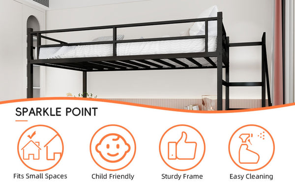 English Elm Loft Bed with L-shaped Desk Stair Storage and Full Guardrail Iron Frame Black W1935S00007