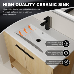 English Elm 36" Modern Bathroom Vanity With Ceramic Sink, Soft Closing Doors & Open Shelf For Stylish Storage W1972S00019