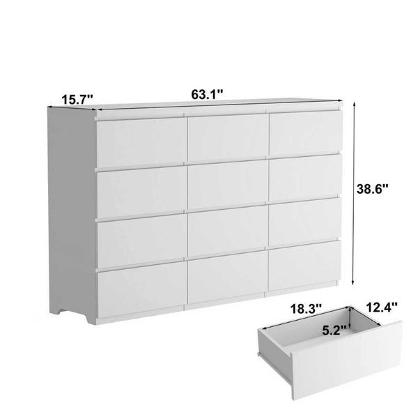 English Elm 12 Drawer Wide Double Dresser Modern Symmetrical Wood Storage Chest for Bedroom W409S00018