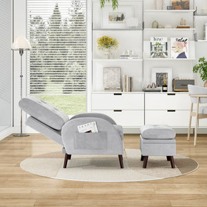 English Elm Upholstered Velvet Accent Chair and Ottoman with Storage, Tufted Design, 6-Level Adjustable Backrest Light Gray T3623P411378