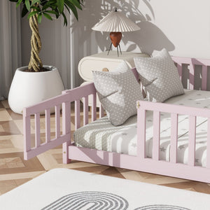English Elm Queen Rubber Wood Floor Bed with Full Perimeter Safety Fence and Hinged Access Door Pink W504P429344
