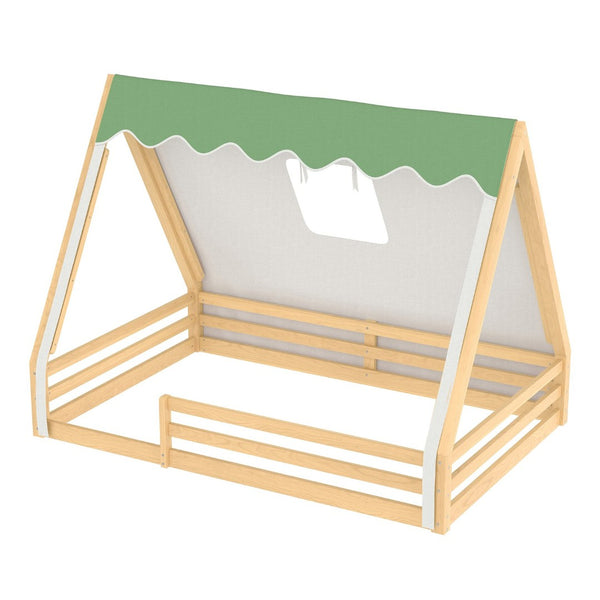English Elm Twin Montessori Floor Bed Solid Pine Teepee Frame with Guardrails and Canopy Light Natural W1580P369468