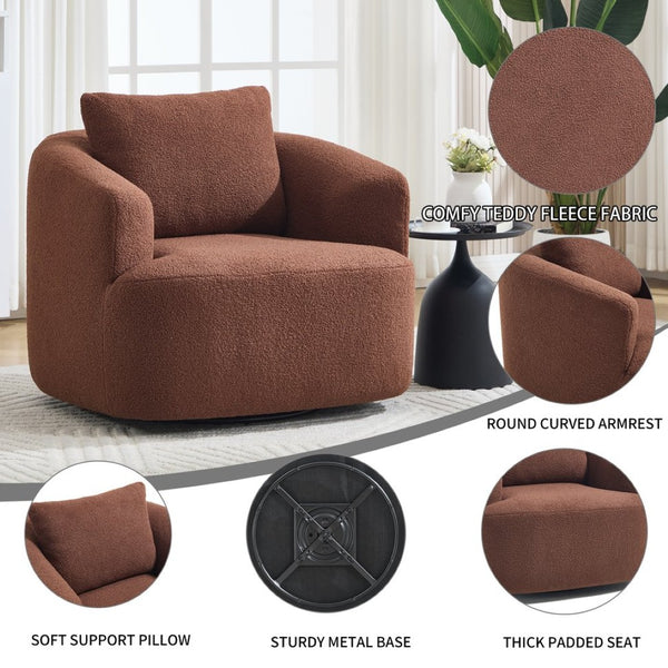 English Elm 360° Swivel Barrel Chair Teddy Fleece Upholstery with Pillow for Bedroom Reading Nook Brown W1803P362981