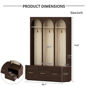 English Elm Farmhouse Hall Tree with Arched Panels Bench Drawers and Hooks for Mudroom Entryway Walnut W5271S00006