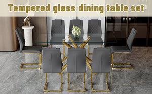 English Elm Table Modern Luxurious Transparent Glass Dining Set With 8 Dark Gray Pu Chairs & Gold Legs W1151S02592-GIGA