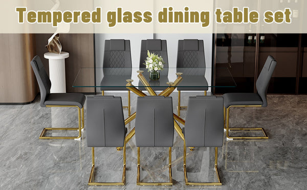 English Elm Table Modern Luxurious Transparent Glass Dining Set With 8 Dark Gray Pu Chairs & Gold Legs W1151S02592-GIGA