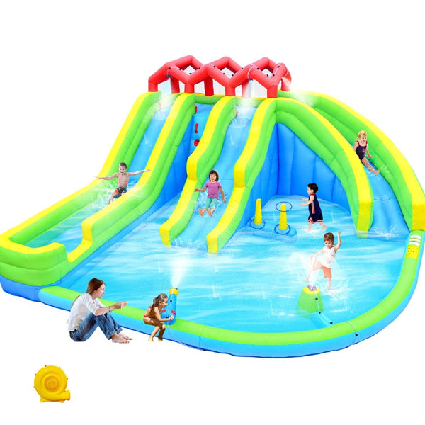 English Elm 7 in 1 Inflatable Backyard Water Park with Triple Slides Climbing Wall and Sprinkler W1677P247457