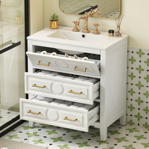 English Elm 30'' Bathroom Vanity with Ceramic Sink, Solid Wood Frame Retro Style Vanity with 3 Drawers & Gold Handles White N710P246209K