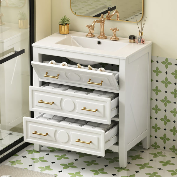 English Elm 30'' Bathroom Vanity with Ceramic Sink, Solid Wood Frame Retro Style Vanity with 3 Drawers & Gold Handles White N710P246209K