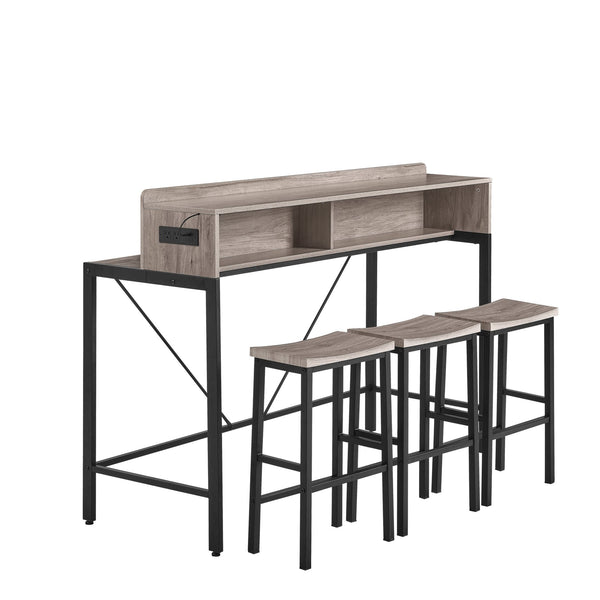 English Elm 59 Modern 59" Bar Table Set with LED Multicolor Lights, Built-In Power Socket & 3 Stools, Sturdy Grey W2972P313230