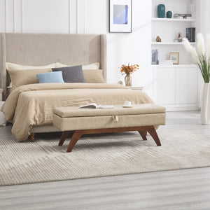 English Elm COOLMORE Teddy fabric storage bench with solid wood feet, hidden compartment for tidy bedroom organization Camel W1539P242722