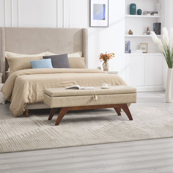 English Elm COOLMORE Teddy fabric storage bench with solid wood feet, hidden compartment for tidy bedroom organization Camel W1539P242722