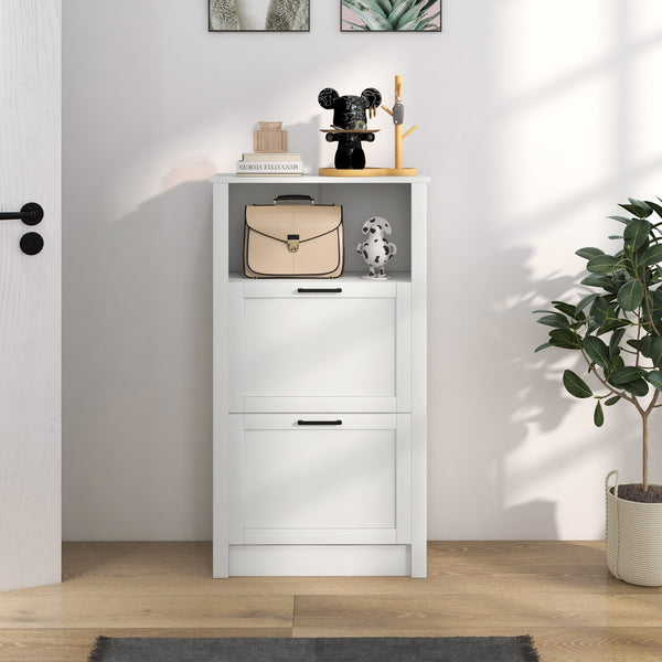 English Elm HOMCOM Narrow Shoe Storage Cabinet with Open Shelf & 2 Flip Drawers, Adjustable Shelves, White W2225P173976