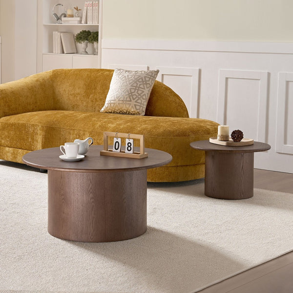 English Elm Coffee Table Nesting Set Round Mdf Pair Walnut Finish for Modern Living Rooms W876S00337