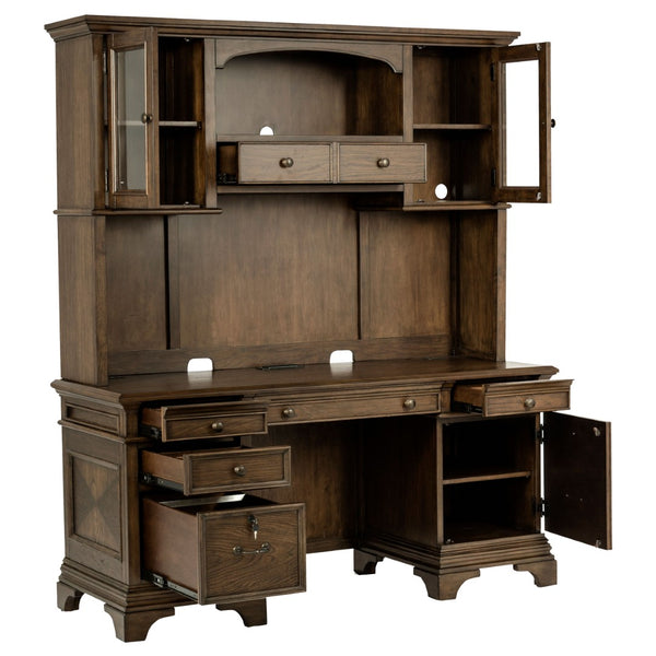 English Elm Stigham Burnished Oak 5-Drawer Credenza & Hutch Set - Elegant Workspace With Power & Storage Solutions B062S00801-GIGA