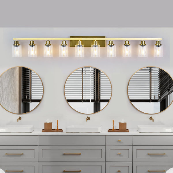 English Elm 10 Light Bathroom Vanity Fixture 65.4in Matte Metal 10-Light Wall Sconce with Clear Glass Shades for Mirror Gold W2312P374804