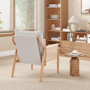 English Elm Braid Armchair Mid Century Modern Linen Wood Accent Chair with Ergonomic Support and Plush Cushioning Beige T3623P409102