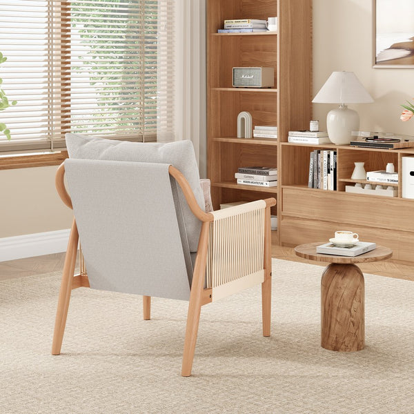 English Elm Braid Armchair Mid Century Modern Linen Wood Accent Chair with Ergonomic Support and Plush Cushioning Beige T3623P409102