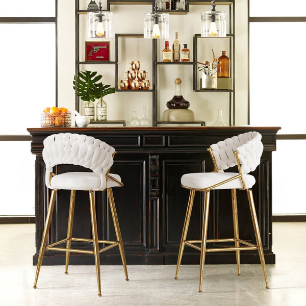 English Elm Counter Height Stools Set of 2 Mid-century Metal Legs Ergonomic Kitchen Island Seating Beige T3623P430873