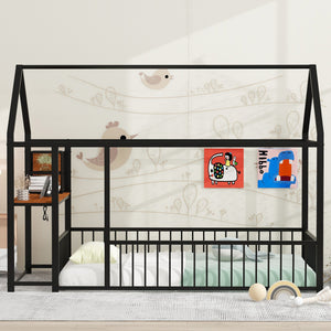 English Elm Twin House Bed Frame with Roof & Fence, Metal Twin Loft with Built-In Desk Shelves USB Outlets Black N737P173490B