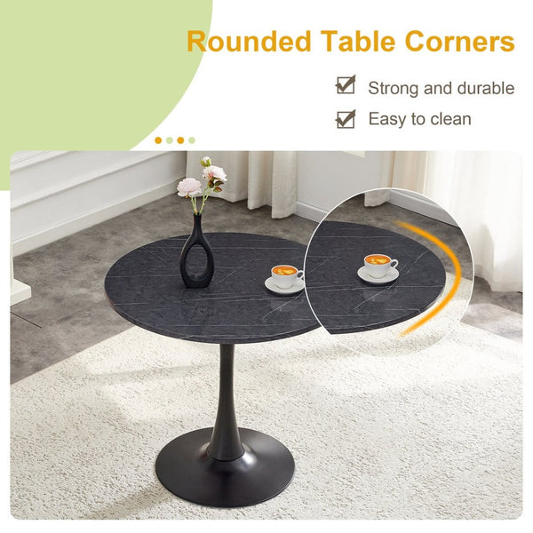 English Elm Round Faux Marble Tulip Pedestal Dining Table Mid Century Modern for Small Bistro Spaces Black+Gery W2920P405346