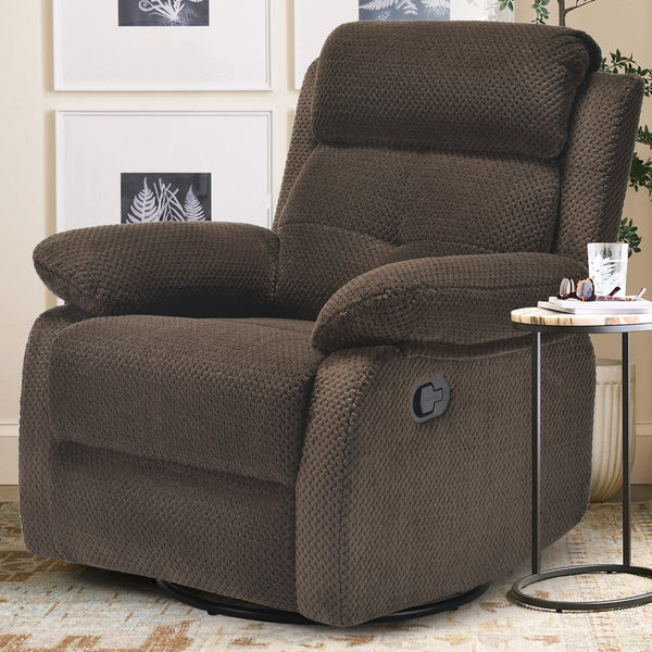 English Elm Small Rocker Swivel Recliner Chair with 360° Swivel, 30° Rocking and Adjustable 90–150° Recline Comfortability Chocolate T3623P380414