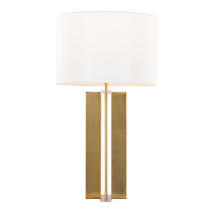 English Elm Cosmo Art Deco 28" Metal Table Lamp with Sleek Antique Brass Base and White Linen Drum Shade, Elegant Lighting Gold B202P224190