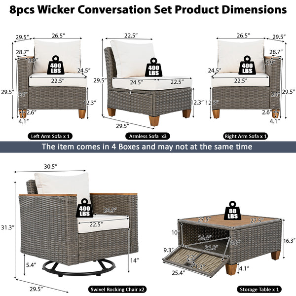 English Elm K&K 8-Piece Wicker Patio Set with 360° Swivel Rockers, Acacia Storage Table, Durable Cushions Beige+Brown N707S000016Z