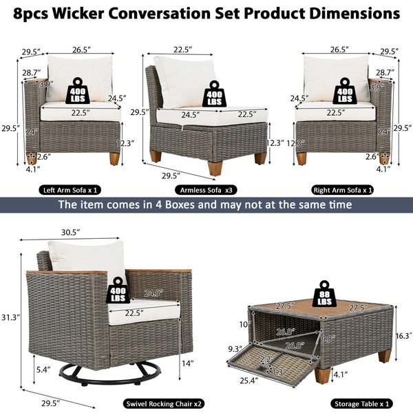 English Elm K&k 8 Piece Outdoor Wicker Sectional Set with Swivel Rockers and Acacia Storage Table Beige+Brown N707S005016Z