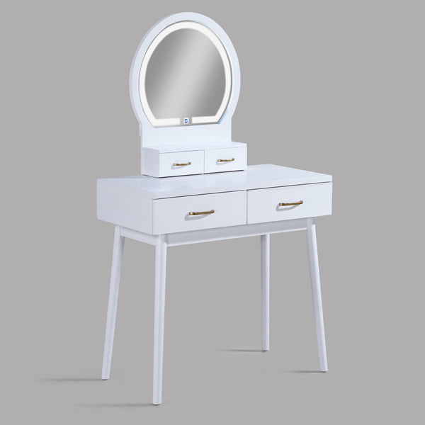 English Elm 3pc Vanity Set with LED Mirror and Cushioned Stool, Gold-Accented Handles, Sleek Modern Dressing Table White 21.75 L x 33.25 W x 13.5 H B011P378511