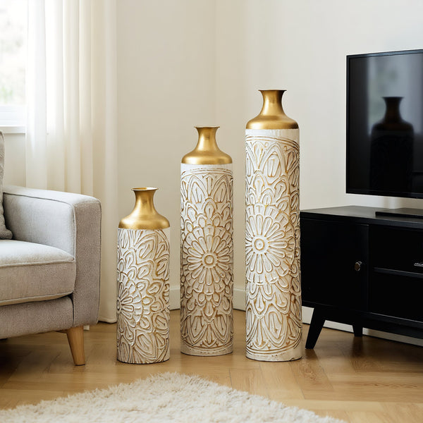 English Elm Floor Glam Metal Vase Set 3-Piece Gold & White Droplet Sculptural Floor Vases Tall Modern Décor W2796P321401