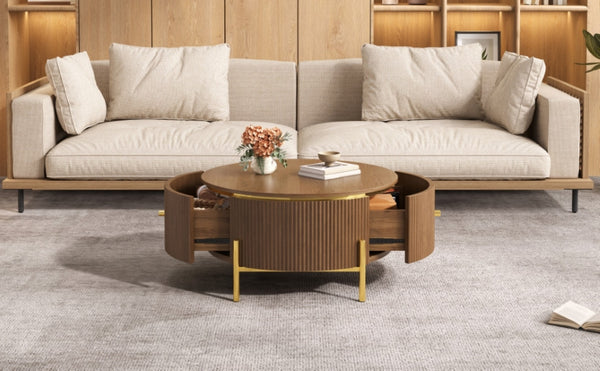 English Elm Modern Round Coffee Table with Gold Legs Two Drawers Brown Mdf Living Room N735P338995D