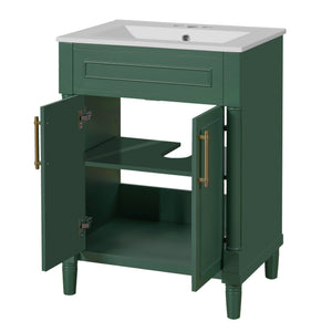 English Elm 24" Bathroom Vanity with Integrated Ceramic Sink and Adjustable Shelf, Vintage Hardware, Space-Saving Design Green N710P277711F