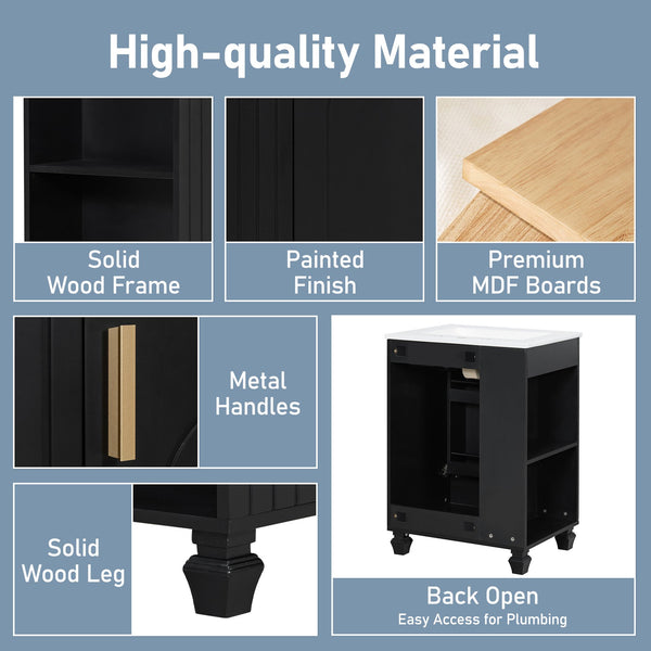 English Elm Christopher Knight Home® - 24" Retro Bathroom Vanity with Ceramic Sink, Solid Wood Frame, Soft-Close Door, Ample Storage Black N759P293645B