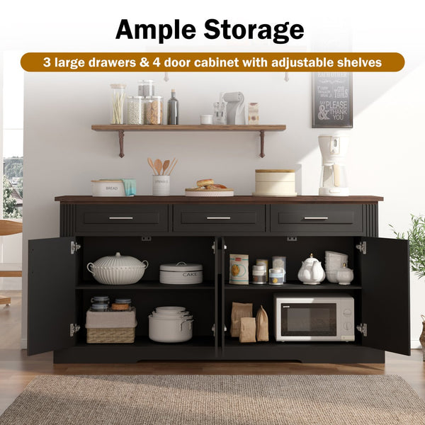 English Elm 63" Fluted Sideboard Buffet Cabinet with Coffee Bar Storage, 4 Doors 3 Drawers, Smooth Silent Slides Black W2917P319112