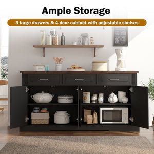 English Elm 63" Fluted Mdf Sideboard with Wood Tone Top Four Doors Three Drawers Dining Storage Black W2917S00010