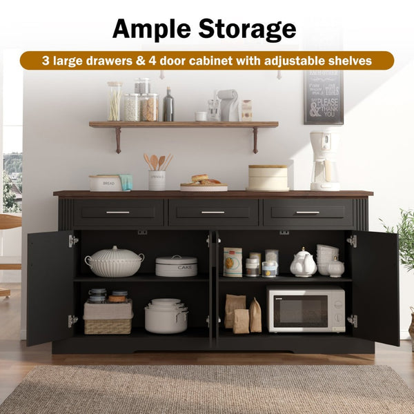 English Elm 63" Fluted Mdf Sideboard with Wood Tone Top Four Doors Three Drawers Dining Storage Black W2917S00010