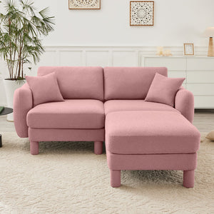 English Elm Boucle Loveseat Sofa With Shell-Shaped Armrests, Removable Ottoman, And Cylindrical Legs In Pink W3041S00291