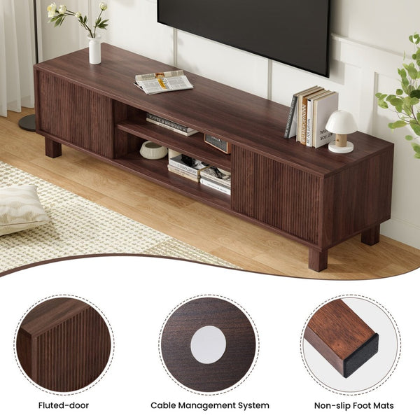 English Elm Modern Low Profile Media Console with Open Shelving and Concealed Cabinet Storage Walnut T3623P435419