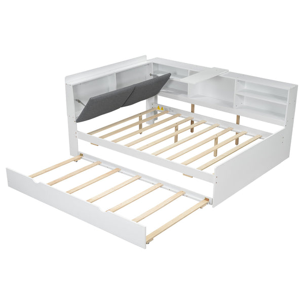 English Elm Wood Full Size platform bed with trundle, built-in storage headboard and shelves, sturdy pine frame White GX002055AAK