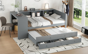 English Elm Twin Size Daybed With Trundle And Desk, Stylish Wood Frame With Storage Drawers And Shelves, Gray W1580S00204-GIGA