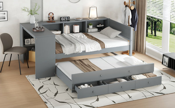English Elm Twin Size Daybed With Trundle And Desk, Stylish Wood Frame With Storage Drawers And Shelves, Gray W1580S00204-GIGA